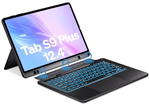 Doohoeek Funda con Teclado Separable para Samsung Galaxy Tab S9+/S9 Plus de 12,4 Pulgadas, Funda con Teclado inalámbrico Bluetooth con trackpad multitáctil e iluminación y Soporte Ajustable de 130°