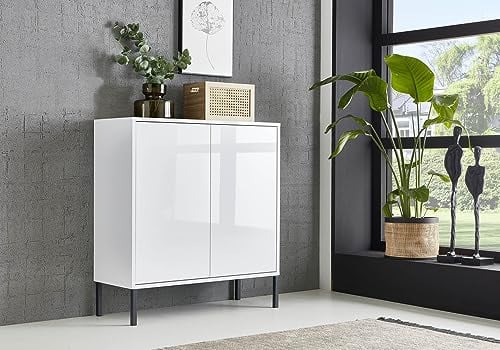 moebel-dich-auf Kommode Ben 4 mit Metallfüßen Sideboard Türkommode (weiß/weiß Hochglanz)