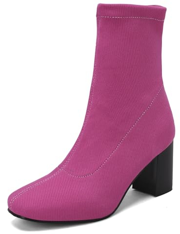 Gicoiz Damen Mode Blockabsatz Stretch Chelsea Stiefel Ohne Verschluss Runde Zehen Winter Mode Strickented Chelsea Stiefeletten Halbschaft Rose-Rot Gr 38 EU-39Cn