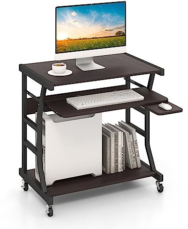 COSTWAY Bureau d'Ordinateur à roulettes, Bureau Informatique Mobile avec Plateau Clavier Extractible, Étagère de Rangement Inférieure, 75 x 50 x 75 cm, Marron Foncé