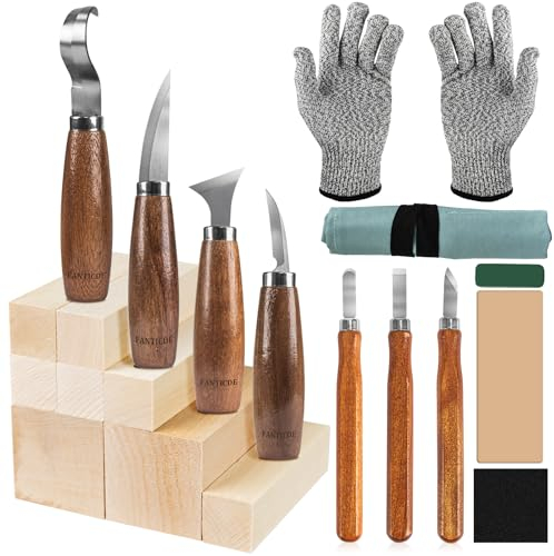 FANTICDE Ciseaux à Bois,20 in 1 Outils de Sculpture bois,Outillage Bois avec 7 Couteau Sculpture bois,8 Blocs de Tilleul,Professionnel/Junior Outil de Ciseaux a Bois Kit DIY avec Gants anti-coupure