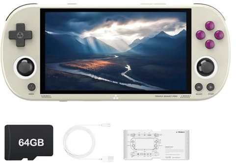 Trimui Smart Pro - Consola de juegos portátil con pantalla de 4.96 pulgadas, sistema Linux, tarjeta TF de 64G incorporada, gris retro