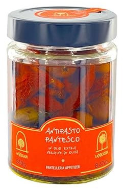 Antipasto pantesco con Foglie di Cappero - pomodori secchi - cucunci - in olio extra vergine di oliva - 240 grammi