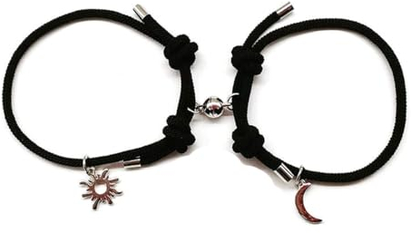 Resweky 2 Stück Weben Knit Armband Verstellbar Schwarz Sonne Mond Handmade Armbänder Mode Paar Armband Set Hand Chain Geschenke für Frauen Mädchen, 7 centimeters, Legierung, Baumwollfaden
