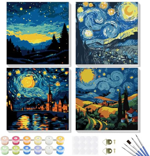 GHHKUD 4 Pack Paysage Peinture à Numéros Enfants Adultes Débutants, DIY Peinture Acrylique pour Adultes Enfants débutants Facile sur Toile avec peintures et pinceaux, Kits de Loisirs Créatifs 20×20cm