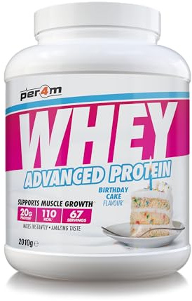 Per4m Whey Protein, Molkenprotein mit vollem Aminosäureprofil, unterstützt Muskelaufbau & Regeneration, reich an essentiellen Aminosäuren, für Sportler nach dem Training – Geburtstagskuchen – 2.01kg