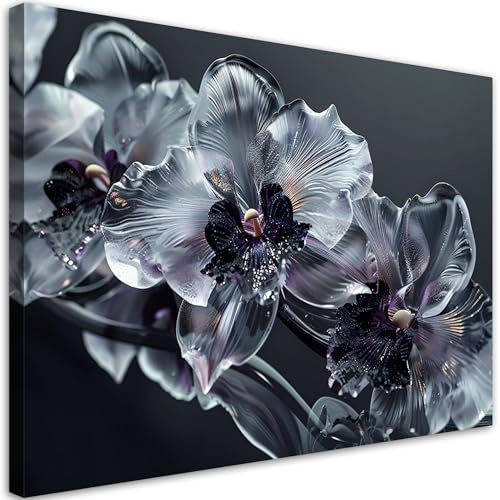 Feeby Leinwand Bilder - Bild Wohnzimmer - Silber Glasblumen - 120x80 1tlg - Deko Schlafzimmer Groß - Dekoration Canvas - Gemälde - Modern Wandbilder - Kunstdruck