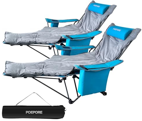 POEPORE Campingstuhl 2er Set Faltbar mit Fußstütze 4-Fach Campingstühle Strandstuhl Liegestuhl für Erwachsene 120kg Klappbarer Angelstuhl mit Kühltasche Wattepad Kissen Getränkehalter Blau