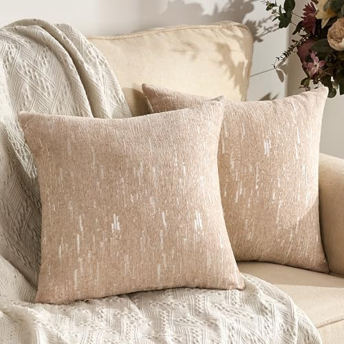 Fundas de Cojines 45 x 45 cm Caqui Chenilla Cojín de Sofá Suave Monocolor Decorativo Meteor Raya Brillante Rayas Cojín de Sofá Decoración para Sofá Sala de Estar Decoración del Hogar Juego de 2