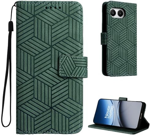 Auslbin Coque à Rabat pour Oneplus Nord 4 5G 6.74, Style Géométrique 1+ Nord 4/CPH2663 Coque, Housse de Protection avec Boucle Magnétique, Étui en Cuir PU, Vert