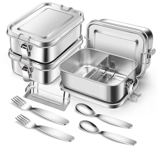 Dualshine Paquete de 4 cajas Bento de acero inoxidable de 850 ml con tapas, lonchera de metal con partición, 2 cucharas y tenedores con clip bloqueable para prevención de fugas, caja Bento para