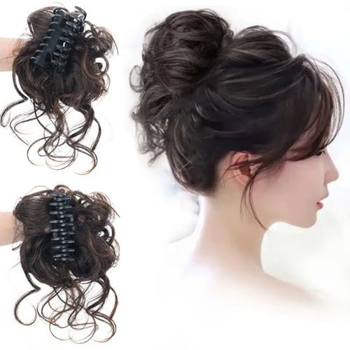 SSyang Haarteile Dutt mit Klammer, Echthaar, Haarteil, Dutt Haarteil, Pferdeschwanz Verlängerung, Clip Lockig, Gummiband Klammer, für Damen (Braun-schwarz)