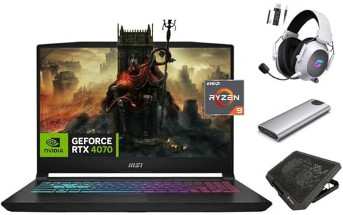 MSI Katana 15 4070 Gaming Laptop, 15.6 144Hz FHD Display, AMD Ryzen 9-8945HS AI CPU, NVIDIA RTX 4070, 64GB RAM, 2TB SSD + 256GB Portable SSD Hub, RGB KB, Ethernet, KeyPad, WiFi 6E, USB-C, Win 11