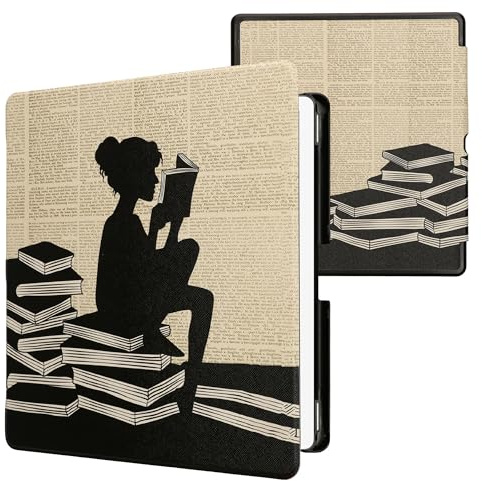 kwmobile Schutzhülle für Amazon Kindle Scribe (2024) Hülle - eReader Flip Case mit Auto Sleep Funktion - Lesende Frau mit Schwarz Beige
