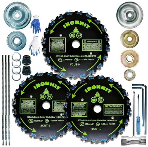 IRONHIT 22,9 cm x 20T Kettensägen-Freischneider-Klingen, Unkrautfresser, mit Universal-Adapter-Set, 3/16 Zoll Kettensägenfeilen, Freischneider, Rasentrimmer-Klingen (3)