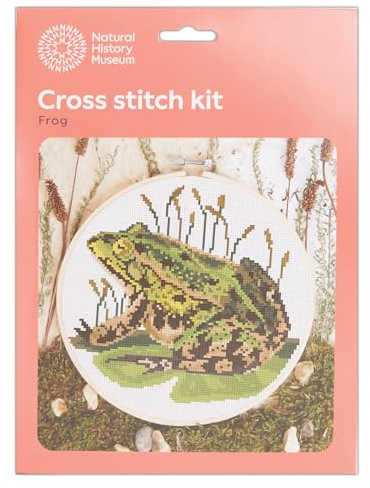 NHM Natural History Museum Cross Stitch Kit, Frog Design, 14cm Embroidery Kits for Adults, Cross Stitch Kits for Adults Beginners, Gift Idea, with Embroidery Patterns, Embroidery Set