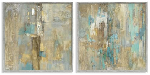 Stupell Industries Blue & Rustic Gold Composition 2pc Gray Framed Giclee Wall Art Set Design by Justin Turner, 12 x 12