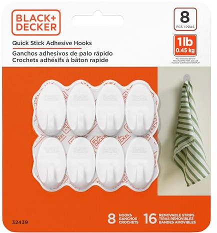 BLACK+DECKER Solide Wandhaken, Schnellkleber, abnehmbar, 8 Wandhaken, 16 Klebestreifen, hängen Sie Dekorationen ohne Beschädigung der Wände, bis zu 0,5 kg, Weiß