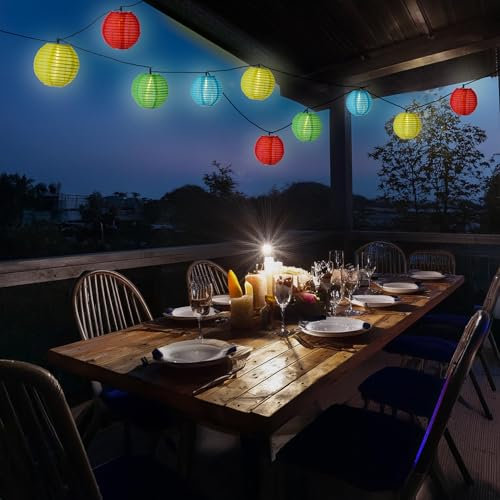 MARELIDA LED Solar Lichterkette Lampion für Außen Garten Balkon Terrasse Lampionkette mit 10 bunten Lampions 4,5m 8 Modi Outdoor Lichterkette Girlande Solarbeleuchtung (bunt (blau, gelb, grün, rot))