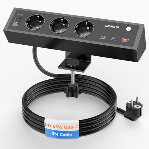 Ohuo Tischsteckdose mit USB C PD 65W, Klemmbare Steckdosenleiste mit USB Schreibtisch, 3 Fach Tischsteckdose mit 2 USB C GaN PD 65W, Aluminum, 3m Kabel