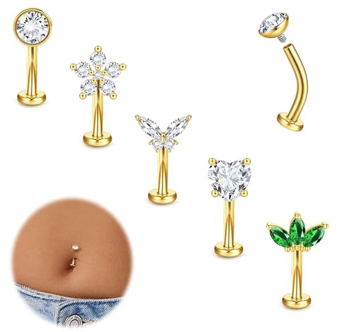 Milacolato Piercing Nombril Acier Chirurgical 14G Piercing Nombril Or Argent Fileté Intérieurement Flottant Nombril Piercing Anneau 10/12/14mm Short Belly Bar Coeur Papillon Dos Plat Piercing-G10