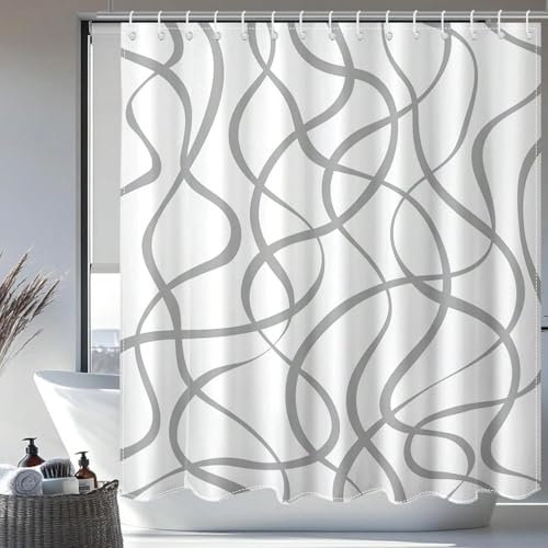 IHHGNB Grau-weißer Duschvorhang, grau gestreifter Duschvorhang für Badezimmer, wasserdichter Stoff, maschinenwaschbar, mit Haken, 153 x 239 cm (60 x 94 Zoll)