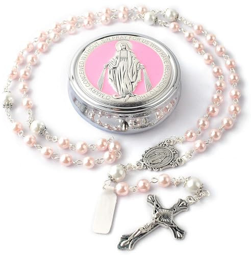 Calkkrer Chapelet en Perles de Verre 6 mm avec Perles de Notre Père 8 mm, chaîne catholique dans Une boîte à Cadeaux en métal, Première Communion et Chapelet Rose personnalisé