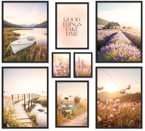 ARTFAVES® Poster Set - VINTAGE LAKE SUMMER - mehrteilige Wanddeko Wohnzimmer & Schlafzimmer - 8 moderne Wandbilder sommer, sonnenuntergang, landschaft, natur, provence - mit Rahmen Schwarz