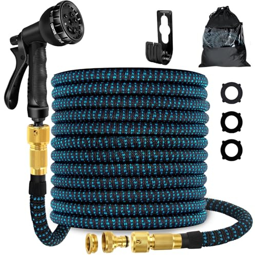 Tuyau d'arrosage flexible extensible de 15 m avec buse de pulvérisation 8 fonctions, 3 tuyaux d'arrosage extensibles durables avec connecteurs en laiton anti-fuite de 1,9 cm et 1,27 cm pour le