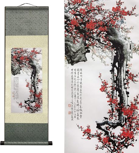 AtfArt Silk Scroll Painting, Asian Wall Decor, Proud Plum, 36.2x12in | Plum Blossom, Symbol of Resilience, Traditional Chinese Art Scroll for Living Room, Bedroom, Office Decor