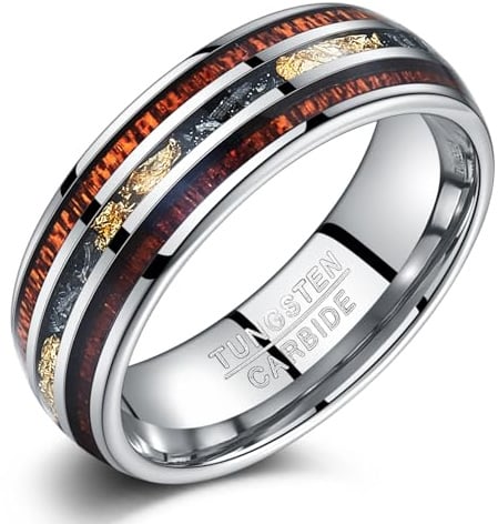 TUNGSTORY Herrenring Wolfram - Holz und Goldblatt Einlage, 8 mm breit 62(19.7)