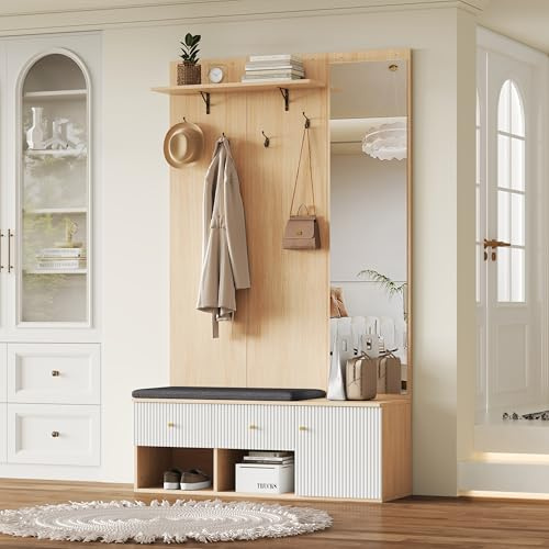 Merax Garderobenset Wandgarderobe, Kompaktgarderobe, Flurgarderoben Set mit Gepolsterte Schuhbank, Schuhschrank, Kleiderhaken, Stylishe Garderobenständer für Eingangsbereich, Flurmöbel, Holzfarbe&Weiß