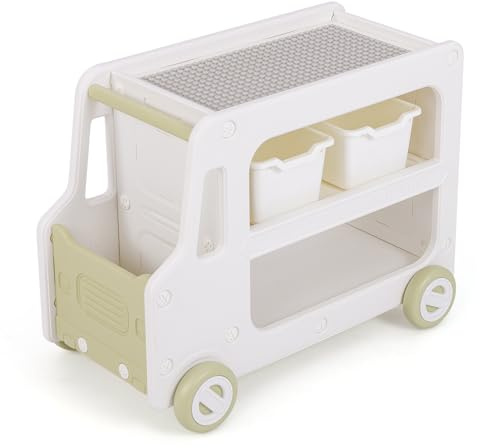 FANTASK Kinderregal Auto, Spielzeugregal mit Rollen & 2 Ebenen, Aufbewahrungsboxen Bücherablage Spielzeug-Organizer, Regal für Kinderzimmer Spielzimmer 73 x 42 x 56 cm