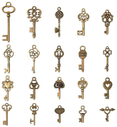 Cheynn Vintage Schlüssel, 20 Stück Kleine Schlüssel Charms Antike Charms Anhänger Set Bronze Skelettschlüssel Deko für DIY Basteln Halskette Armbänder Ohrringe Schmuck Schlüsselanhänger Deko