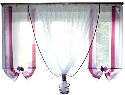 TOP Fertig-Gardine aus Voile NEU Top Design Set Schöne Küche-Gardine mit Kräuselband AG26 Modern (Violett)