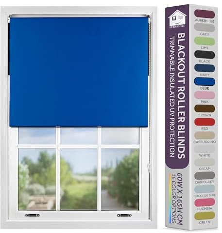 FURNISHED Blackout Roller Blind with Metal Fittings Trimmable Insulated Thermal Fabric Heavy-duty Easy Install Brackets Window Roller Blinds - Blue, 90W x 165H cm