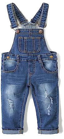 KIDSCOOL SPACE Salopette di Jeans da Bambina,Pantaloni Slim Carini in Denim Srappato da Bambino,Profondo Blu,7-8 Anni