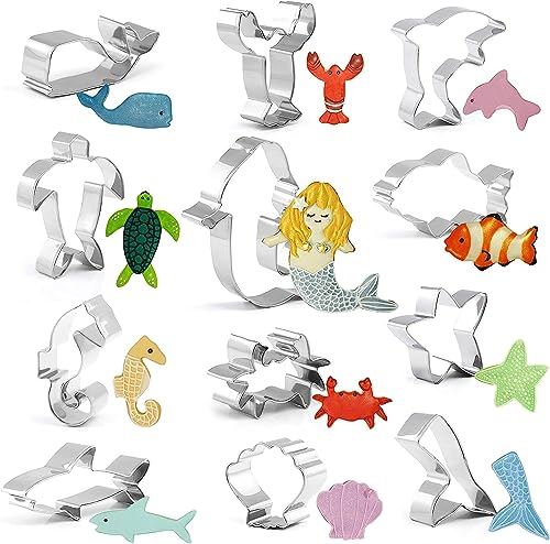 GWHOLE Juego de 12 Moldes para Galletas de Diseño Océano Sirena Tortuga Ballena Delfín Tiburón Cangrejo Estrella de Mar - Acero Inoxidable