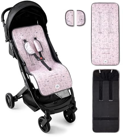 Interbaby Colchoneta Silla Paseo Universal para Verano | Transpirable y Cómoda | Funda Carro Bebe 100% Algodón, 84x34cm, Protectores para Arnés | Funda Silla Paseo Cat Rosa