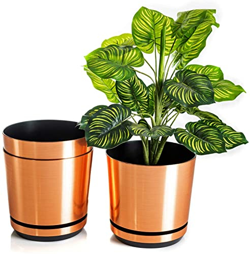 KORAD COPPER Flower Indoor Plant Pot with Saucer – Glossy Modern Decorative Plastic Planter with Drainage Holes for Indoor Plan- (Copper, 8.4 inches (21 cm))