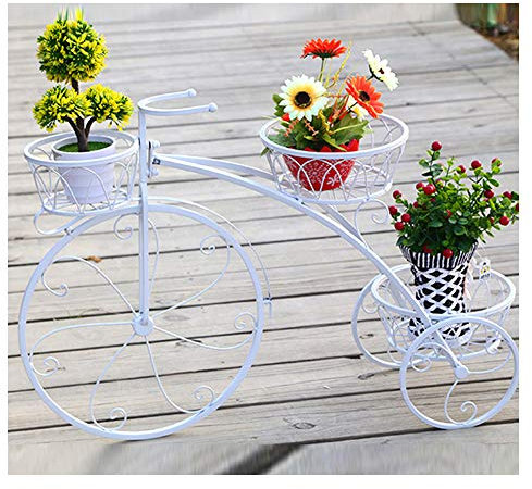 YOGANHJAT Blumenständer Metall, Kreatives Fahrrad Blumentreppe, 3 Tier Metall Pflanzenständer für Garten Ecke Balkon Wohnzimmer 82 x 24 x 51cm,Weiß