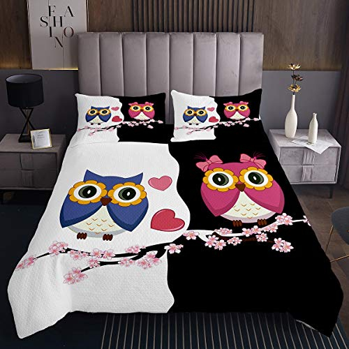 Tbrand Eule Bettüberwurf 220x240cm für Mädchen Jungen Kinder Niedliche Karikatur Tier Gedruckt Steppdecke Schöner Vogel Tagesdecke Wohndecke Blumenblumen Wohndecke