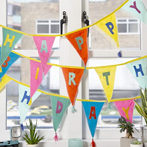 Stoff Regenbogen alles Gute zum Geburtstag Ammer Banner mit Quasten - 3m | Girlande mit Fahnen, 100% Baumwolle, für Jungen, Mädchen, Erwachsene, drinnen oder draußen, wiederverwendbare Dekorationen