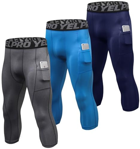 SPVISE 1 oder 3er-Pack Herren-Kompressionshosen, 3/4-Kompressionshosen, athletische Fitness-Leggings, Laufstrumpfhose, trockene Passform, Workout, Baselayer, Hose, Tasche, Grau, Blau, Marineblau,