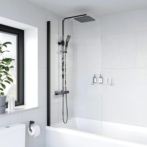 Luxura® 1400 x 800mm Black Over Bath Shower Screen Folding Hinged Door Glass Panels & Screens for Baths, Bathroom Frameless Curved Design, 6mm Toughened Safety Glass, 180° Pivot