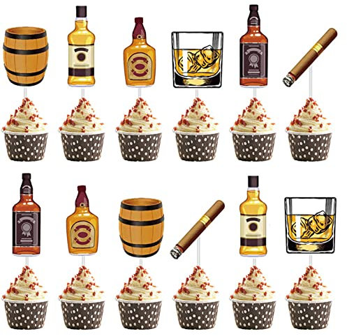 48 Pieces Whiskey Cupcake Toppers Aged to Perfection Party Supplies for Whiskey Party Man Happy Birthday Party
