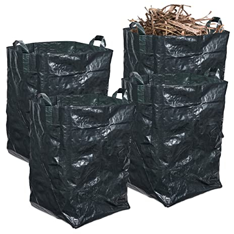 Relaxdays Gartenabfallsack 4er Set, 200 l, wasserdicht, faltbar, Grünabfallsack mit 3 Griffen, Gartensack, dunkelgrün