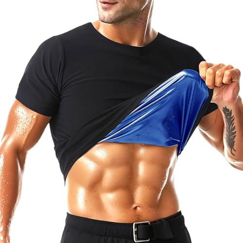 Sauna Weste Korsett Taille Trainer Body Top Shapewear Schlankheits-T-Shirt Kurzarm Trainingszubehör Anzug Bauchkontrolle Abnehmen Heat Trapping T-Shirt Für Herren (Schwarz(Blau Innen), XX-Large)
