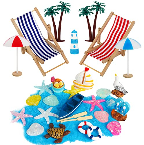 30 Stück Strand-Mikrolandschaft Miniatur Dekoration Mini-Stranddekorationen Miniliegestuhl Strandkorb Sonnenschirm Kleine Palme Deko Accessoires für DIY Zen Garten Dekoration Einzigartiges Geschenk