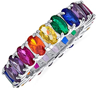 AAA Zirkonia LGBTQ Bunter Regenbogen Ovalschliff Mehrfarbiger CZ Ewigkeitsring Jubiläums Hochzeitsband für Damen .925 Sterlingsilber 5MM Stapelbare Ringe